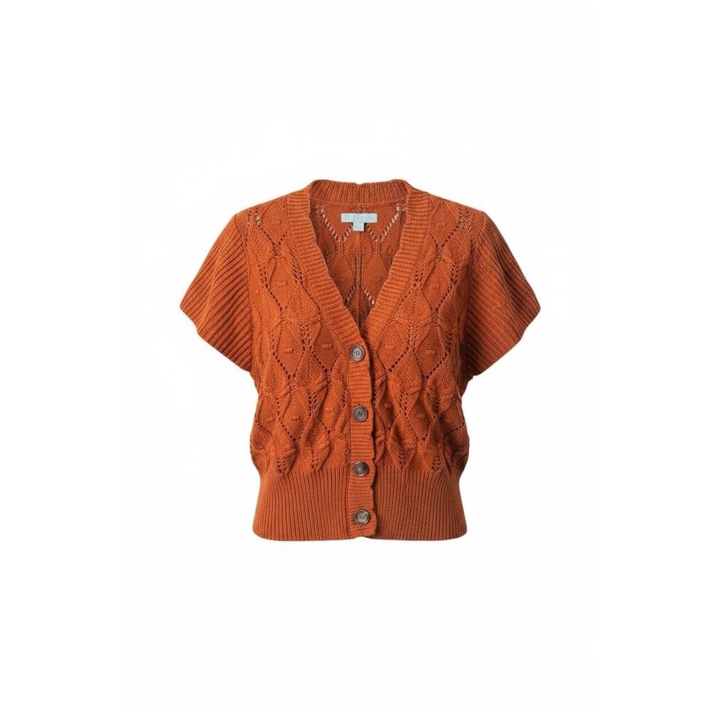 Ryegrass Pointelle Knit Cap Sleeve Button Front Cardigan Sweater Orange Medium